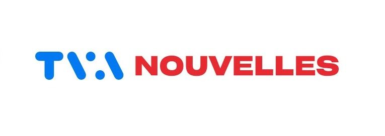 the tva nouvelles logo is blue and red on a white background .