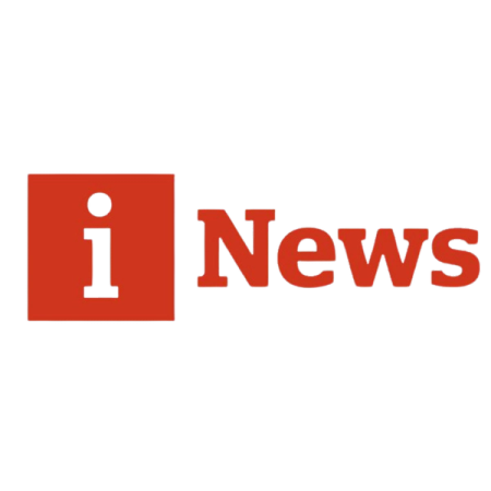 a red i news logo on a white background