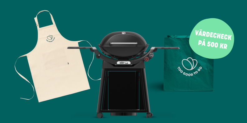 a weber grill sits next to an apron and a too good to go bag
