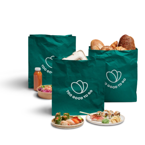 three green bags with too good to go written on them