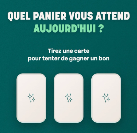 Three cards on a dark teal background with text: "Which basket awaits you today? Draw a card to try to win a voucher."