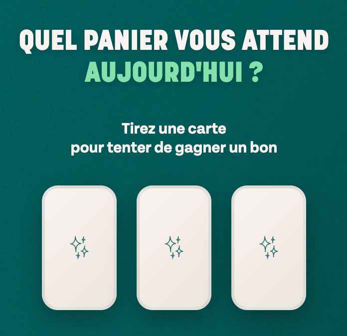 Three cards on a dark teal background with text: "Which basket awaits you today? Draw a card to try to win a voucher."