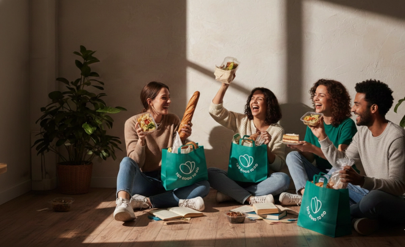 Four laughing friends on the floor with food from Too Good To Go bags.