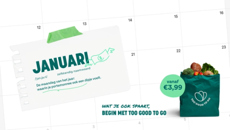 A Too Good To Go ad on a calendar page, highlighting January savings with a bag of groceries for €3,99.