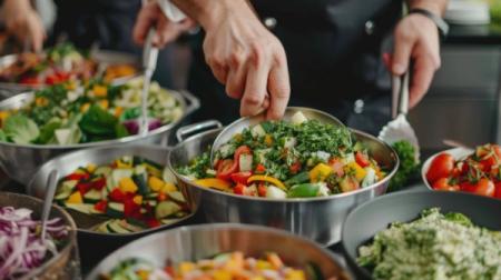 A chef preparing food in a restaurant kitchen.