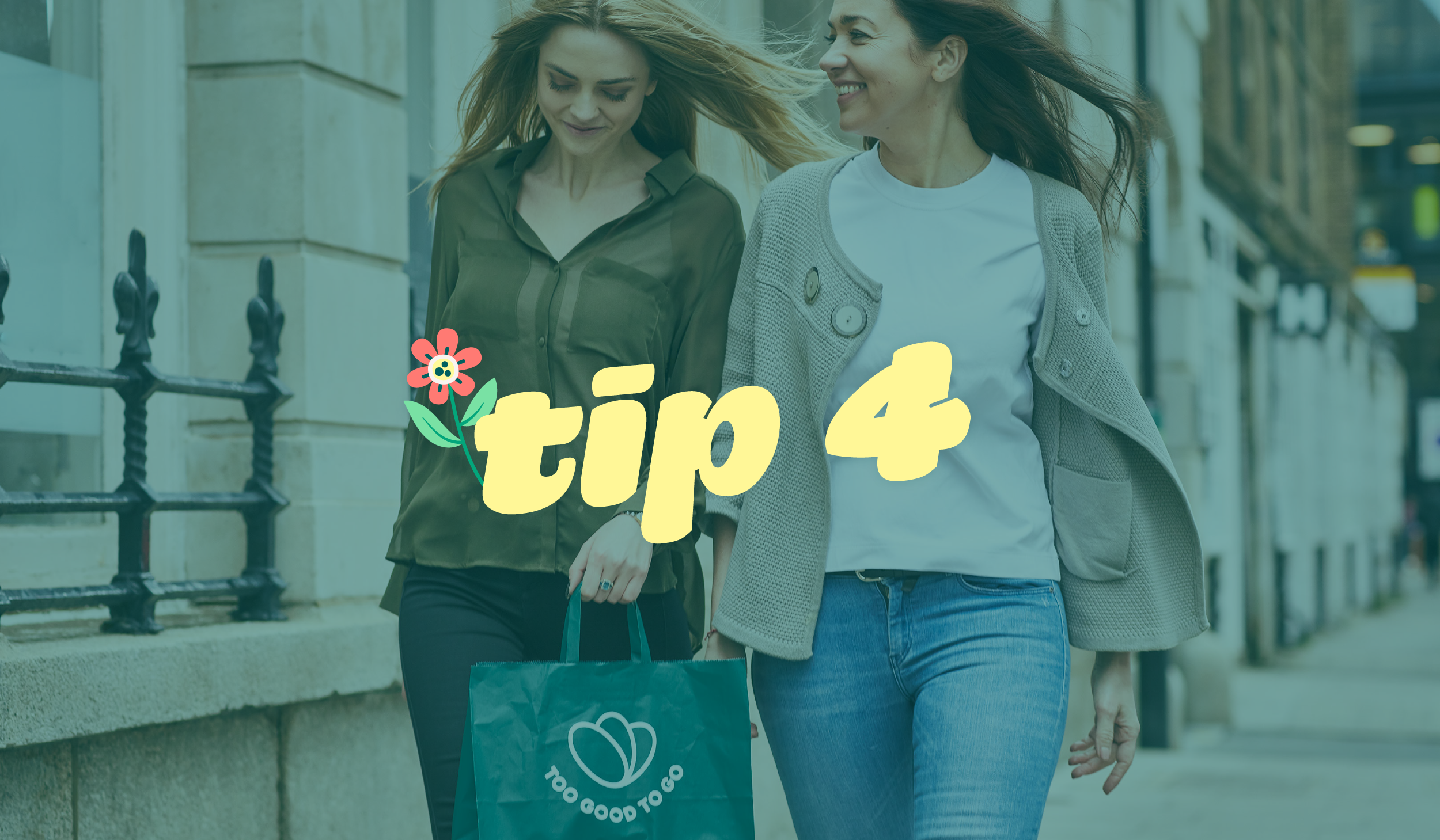 two women walking down a street with a tip 4 logo