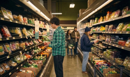 Shoppers browse the produce aisle in a brightly lit grocery store.