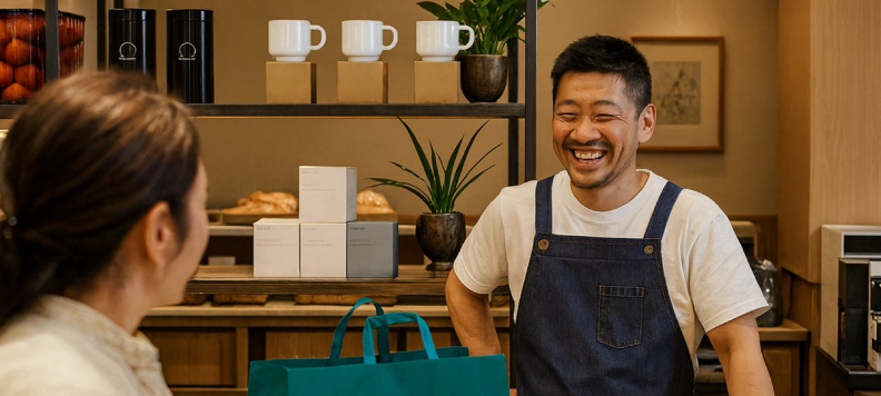 Man smiling behind a bakery counter