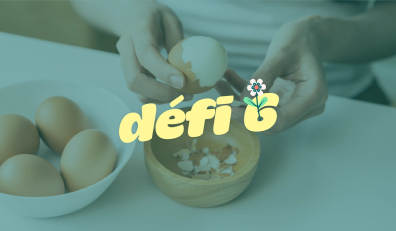 a person cracking an egg next to a bowl of eggs and the word défi