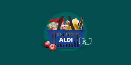 a blue aldi shopping basket filled with fruits and vegetables