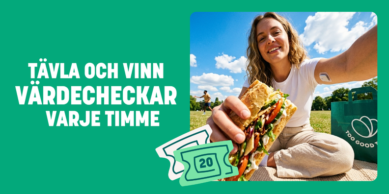 Ad with text "Compete and win gift cards every hour," showing a smiling woman holding a sandwich in a park, with a "Too Good To Go" bag and coupons.