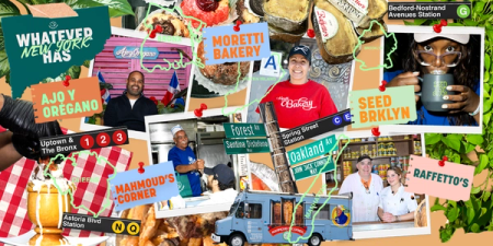 A vibrant collage of diverse New York City food businesses, their owners, and city landmarks, titled "Whatever New York Has."