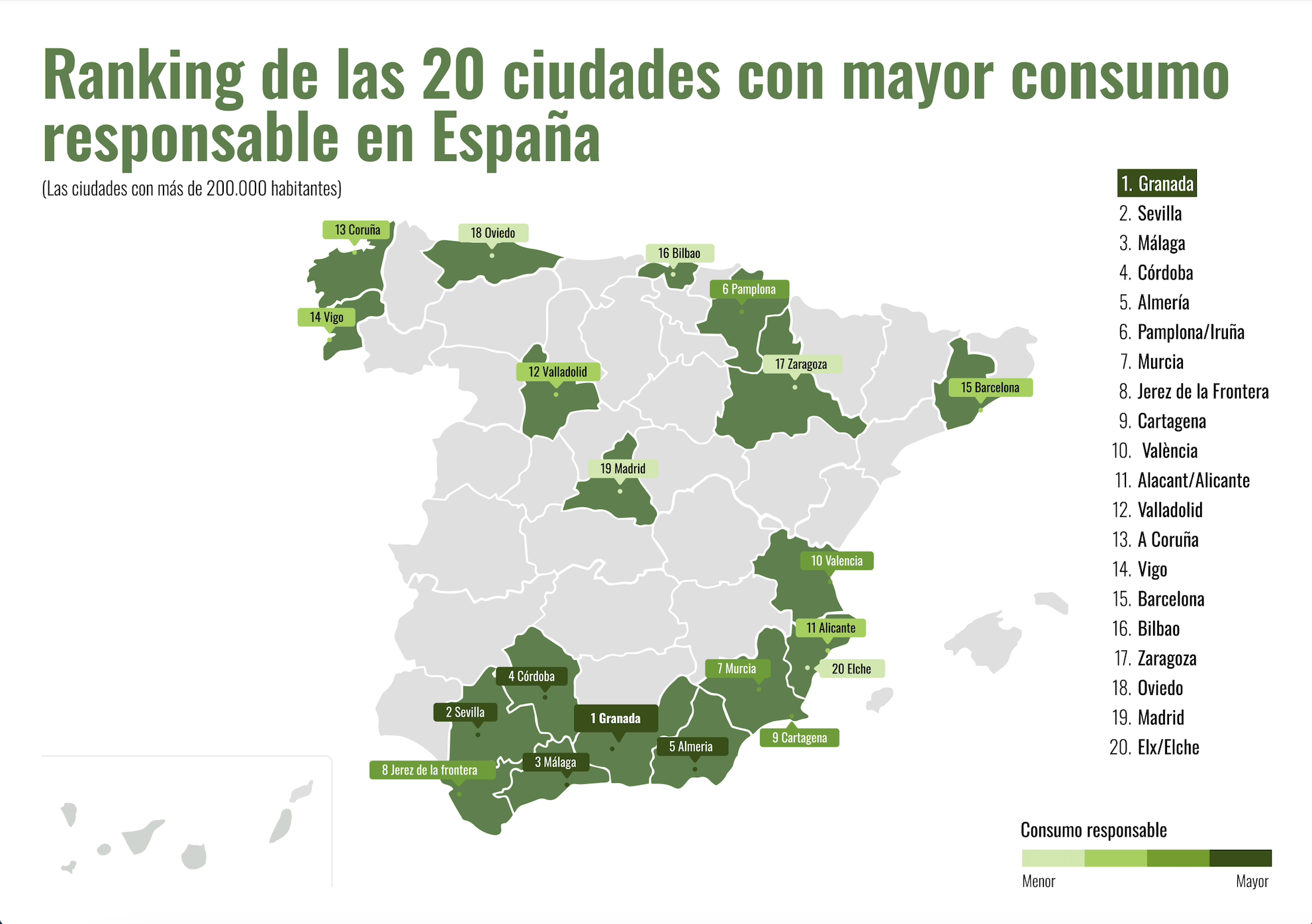 Mapa de España con el top 20 de las ciudades más sostenibles resaltadas