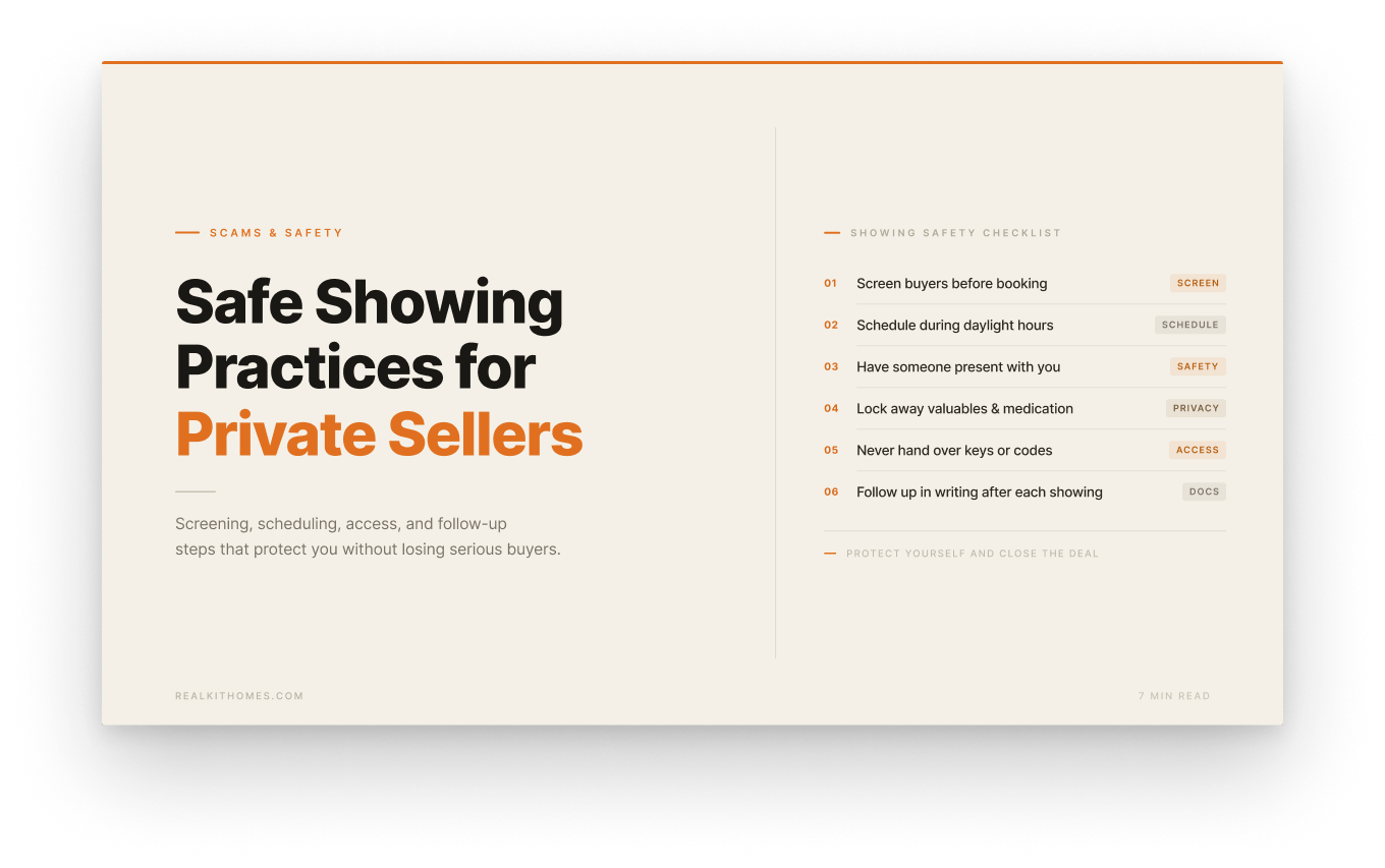 Safe showing practices for private sellers in Ontario include screening, scheduling, access