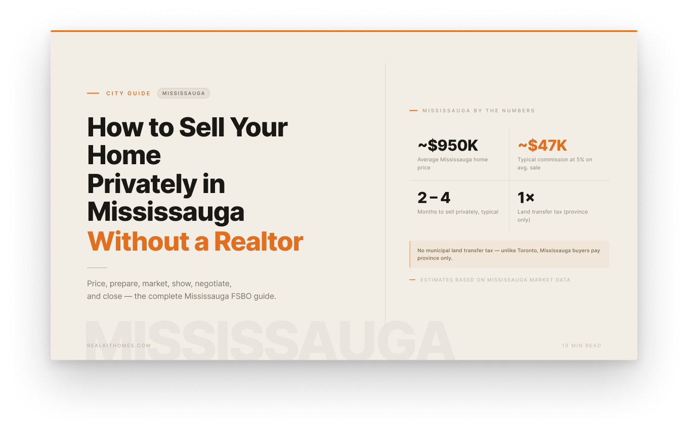 Cover image for a guide explaining how to sell your home privately in Mississauga without a realtor, featuring local home sale statistics.