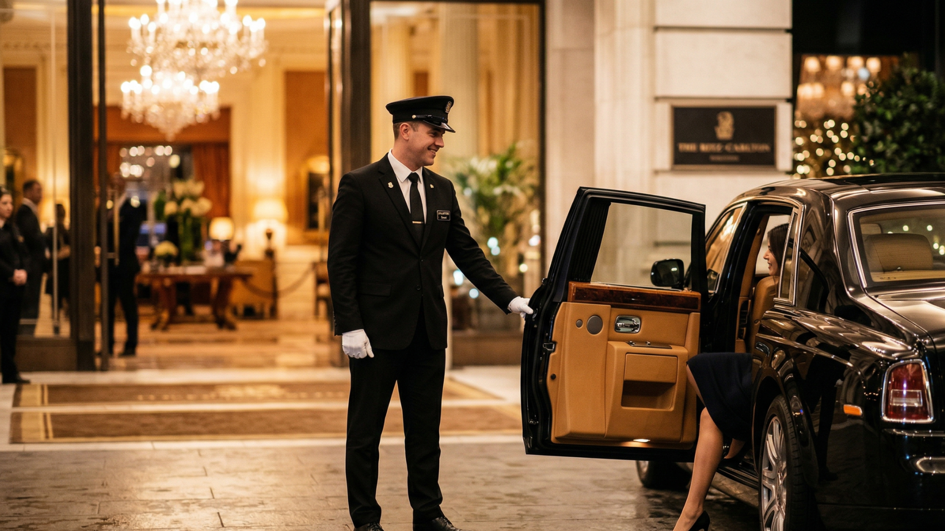 CTL Limousine chauffeur in uniform opening the rear door of a black executive sedan at a luxury hotel entrance