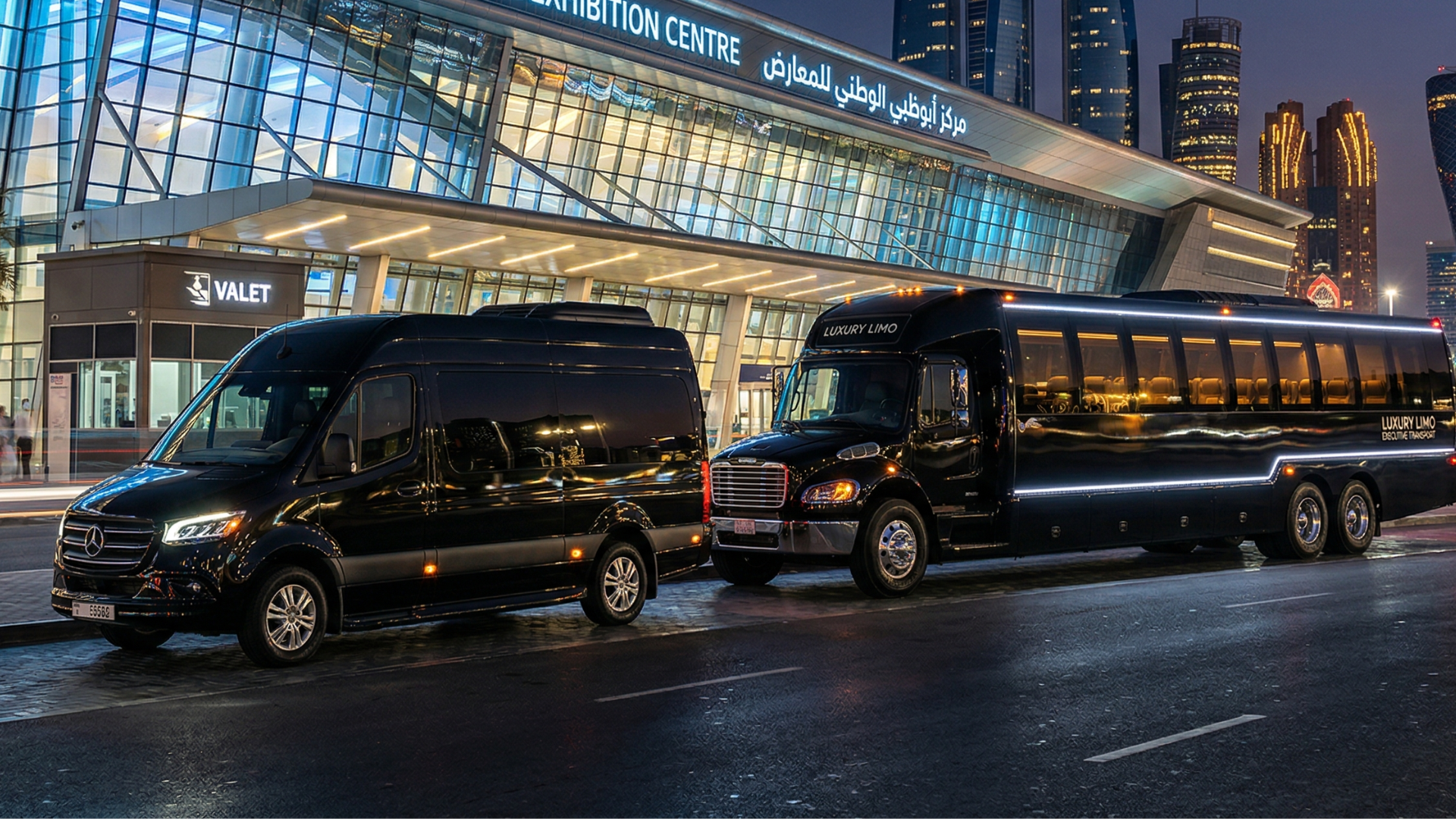 Luxury black Mercedes-Benz Sprinter and 20-seat limousine bus parked outside a conference venue in Abu Dhabi — CTL Limousine fleet