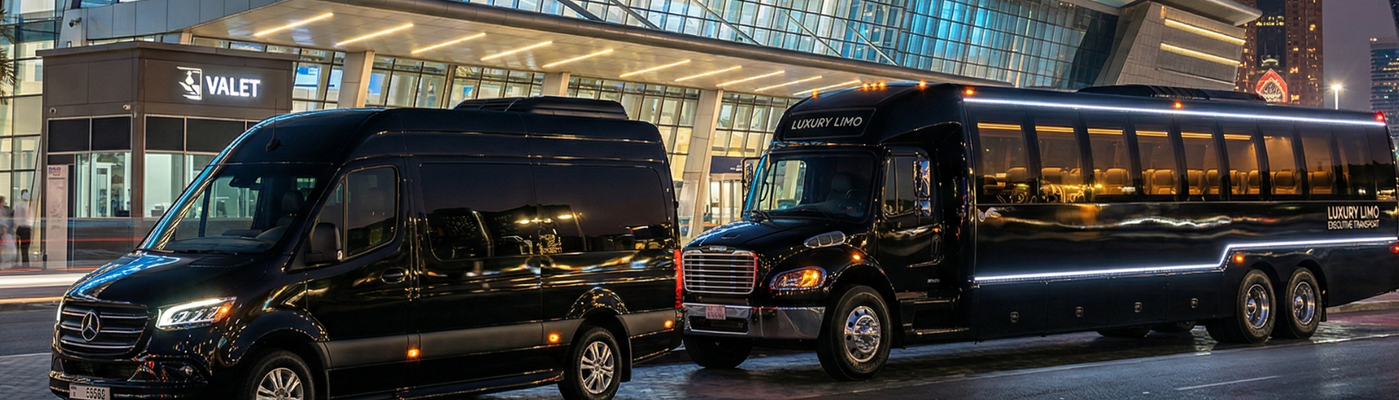 Luxury black Mercedes-Benz Sprinter and 20-seat limousine bus parked outside a conference venue in Abu Dhabi — CTL Limousine fleet