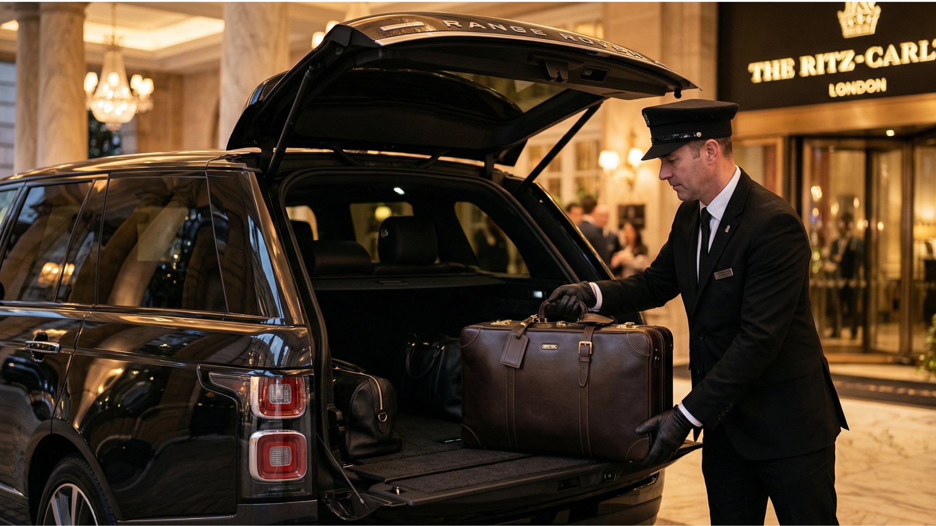 CTL Limousine chauffeur in uniform loading luggage into a black luxury SUV at an Abu Dhabi hotel entrance