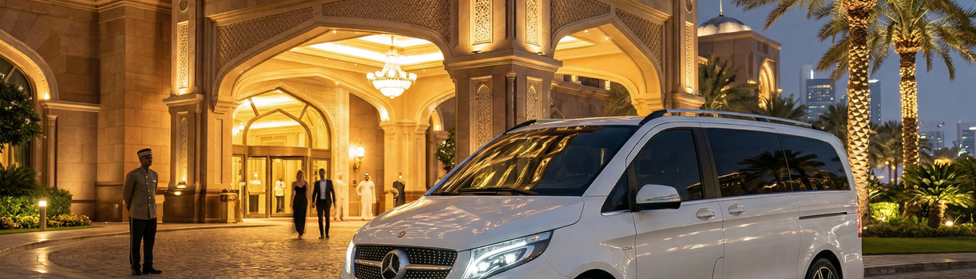 Luxury black Mercedes-Benz V-Class MPV parked outside a five-star hotel in Abu Dhabi — CTL Limousine fleet
