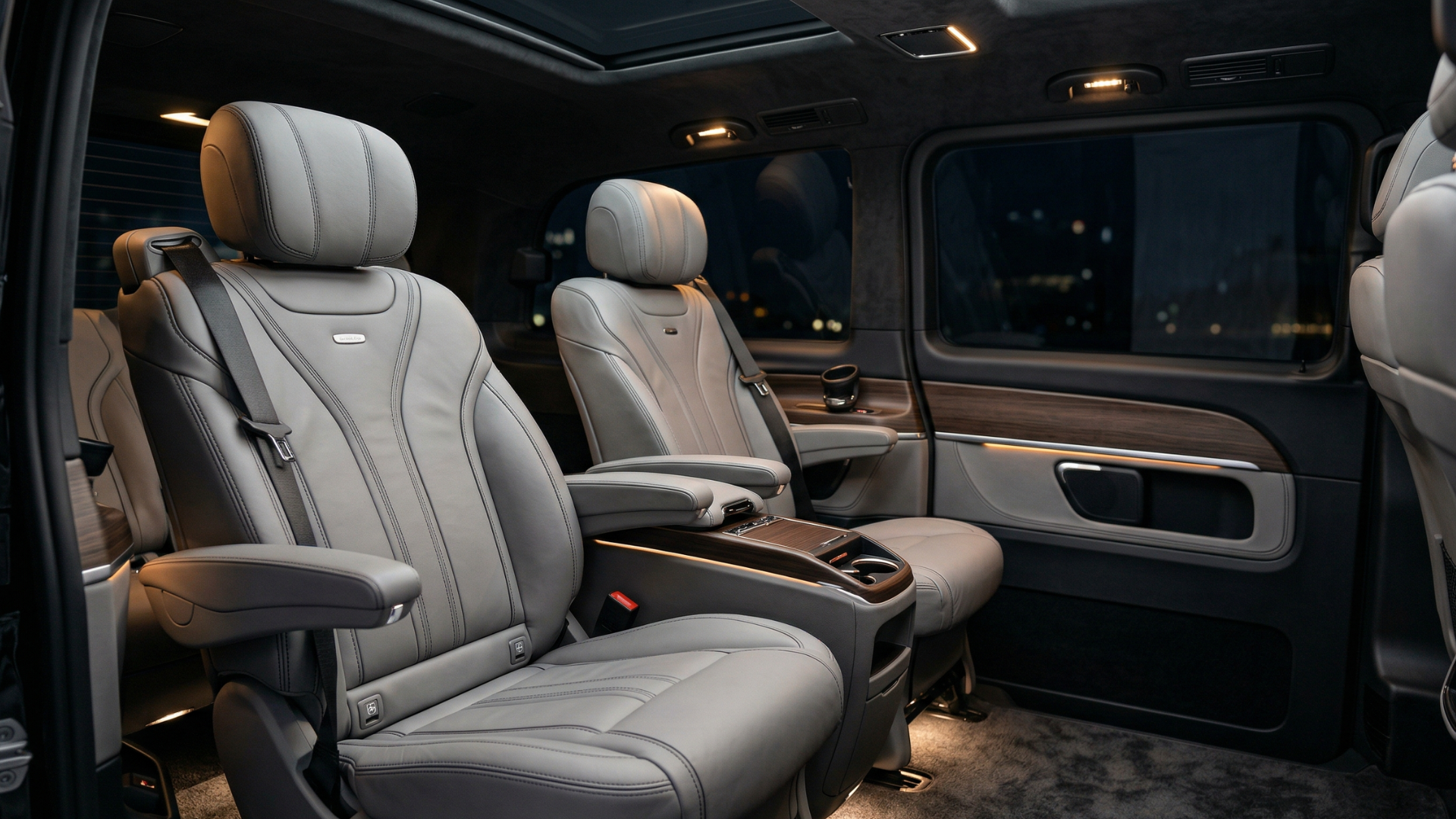 Interior of a luxury Mercedes-Benz V-Class MPV showing premium leather captain seats and ambient lighting — CTL Limousine Abu Dhabi