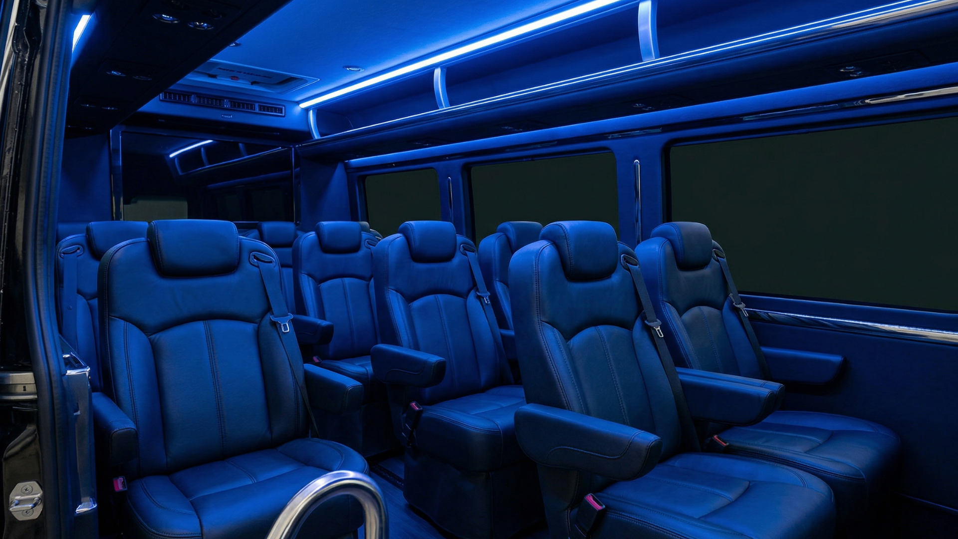 Interior of a luxury 20-seat limousine bus with LED mood lighting, leather seating and a central aisle — CTL Limousine Abu Dhabi large vehicle fleet