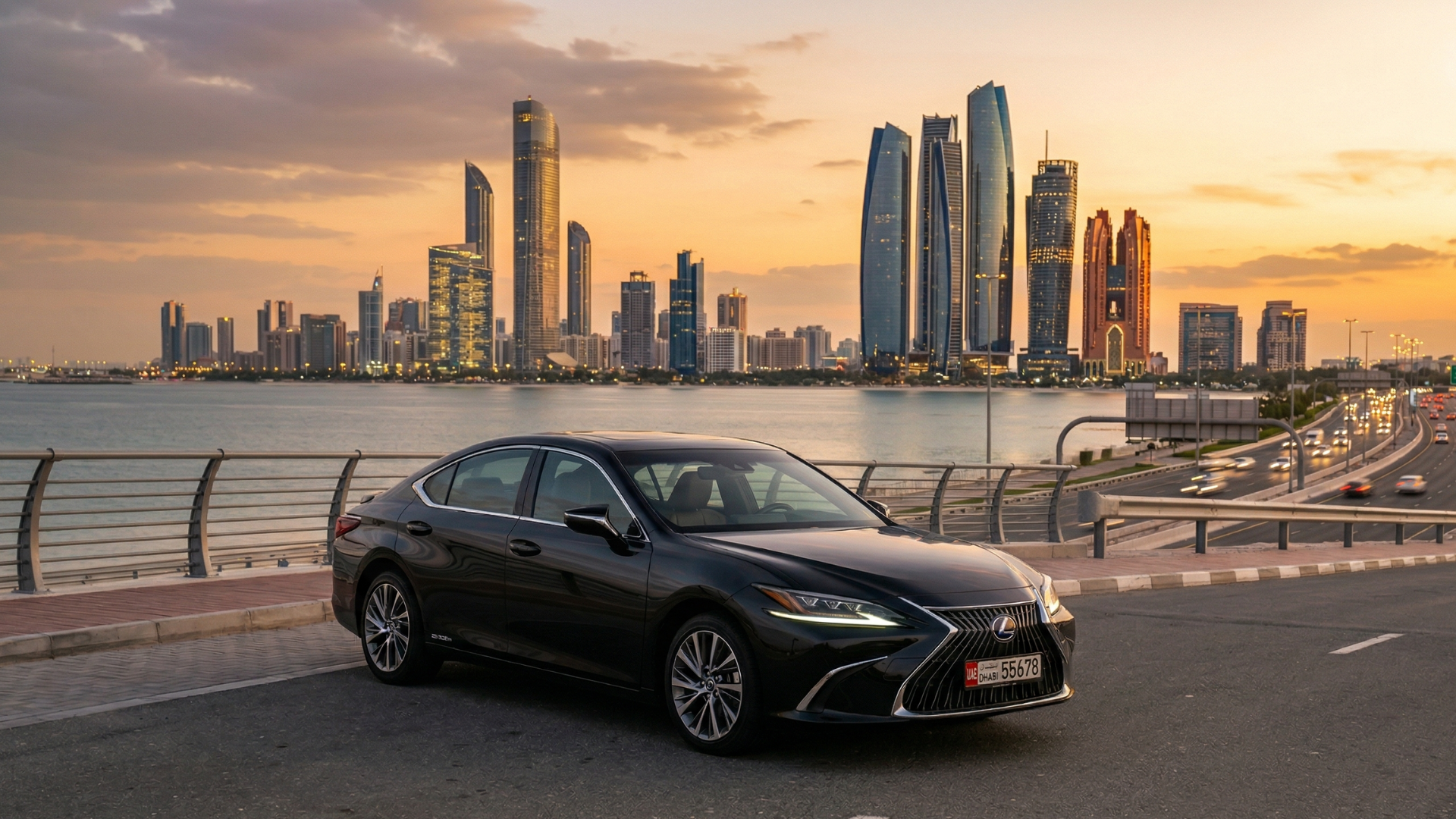 Luxury executive sedan parked outside a modern Abu Dhabi skyscraper at dusk — CTL Limousine fleet