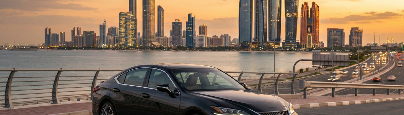 Luxury executive sedan parked outside a modern Abu Dhabi skyscraper at dusk — CTL Limousine fleet