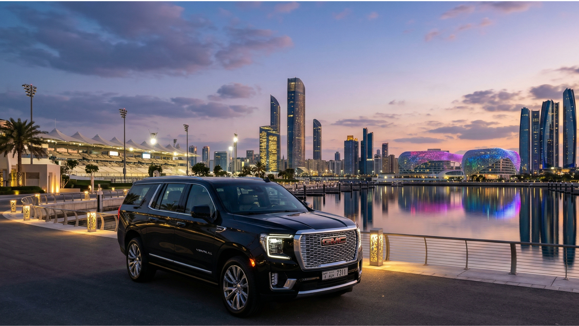 Luxury black SUV parked at Yas Island marina at dusk — CTL Limousine Abu Dhabi fleet