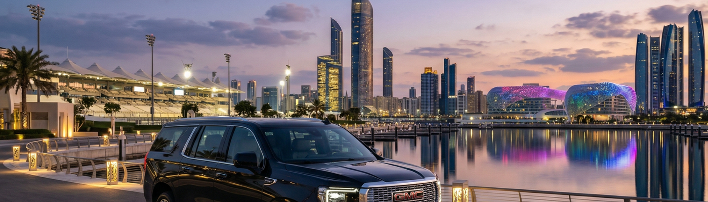 Luxury black SUV parked at Yas Island marina at dusk — CTL Limousine Abu Dhabi fleet
