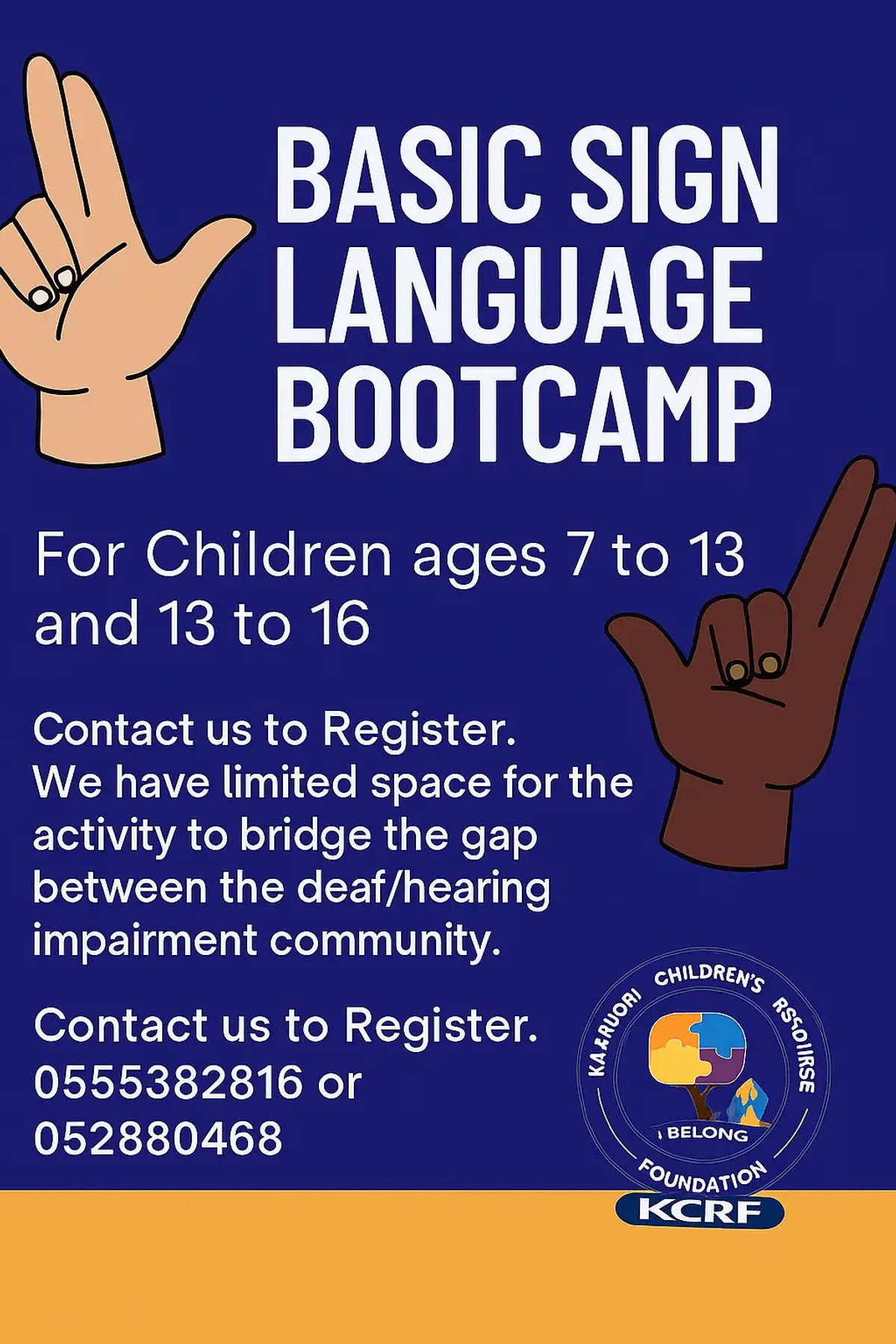 Basic Sign Language Bootcamp flyer — KCRF, for children ages 7 to 16