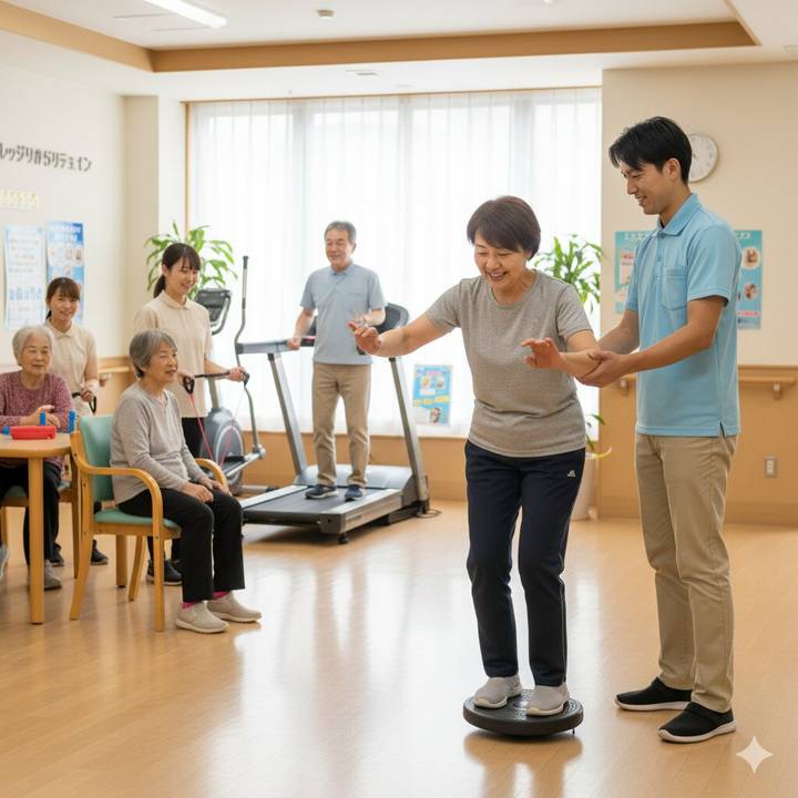 理学療法士の指導のもと、在宅復帰に向けたトレーニングを体験。