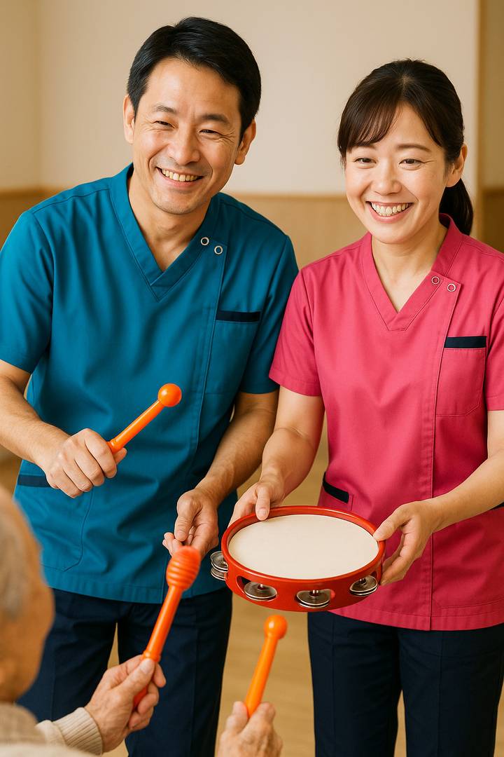 レクリエーションをサポートする介護士（AI生成イメージ）