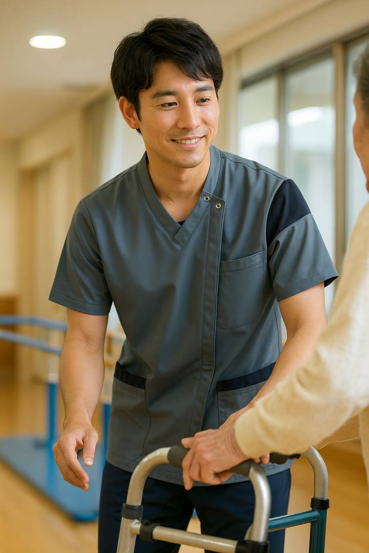 歩行器訓練をサポートする理学療法士（AI生成イメージ）