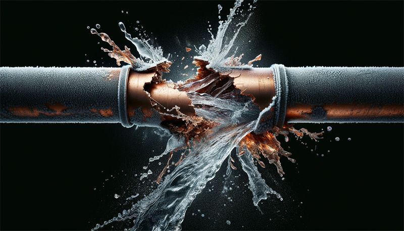 Close-up of a frozen copper pipe that has burst in the middle, with water forcefully spraying out from the rupture. The pipe is covered in frost and ice, highlighting the impact of freezing temperatures on plumbing. The background is dark, emphasising the dramatic water flow and the jagged edges of the burst section.