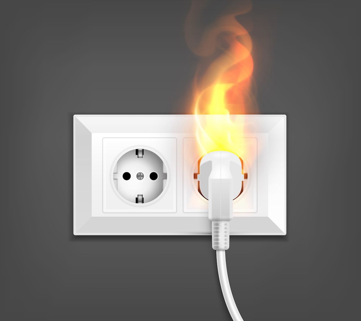 Illustration of an electrical wall outlet with a plug inserted, showing flames and smoke due to an electrical fire. The fire is coming from the connection between the plug and the outlet, highlighting a hazardous electrical malfunction.