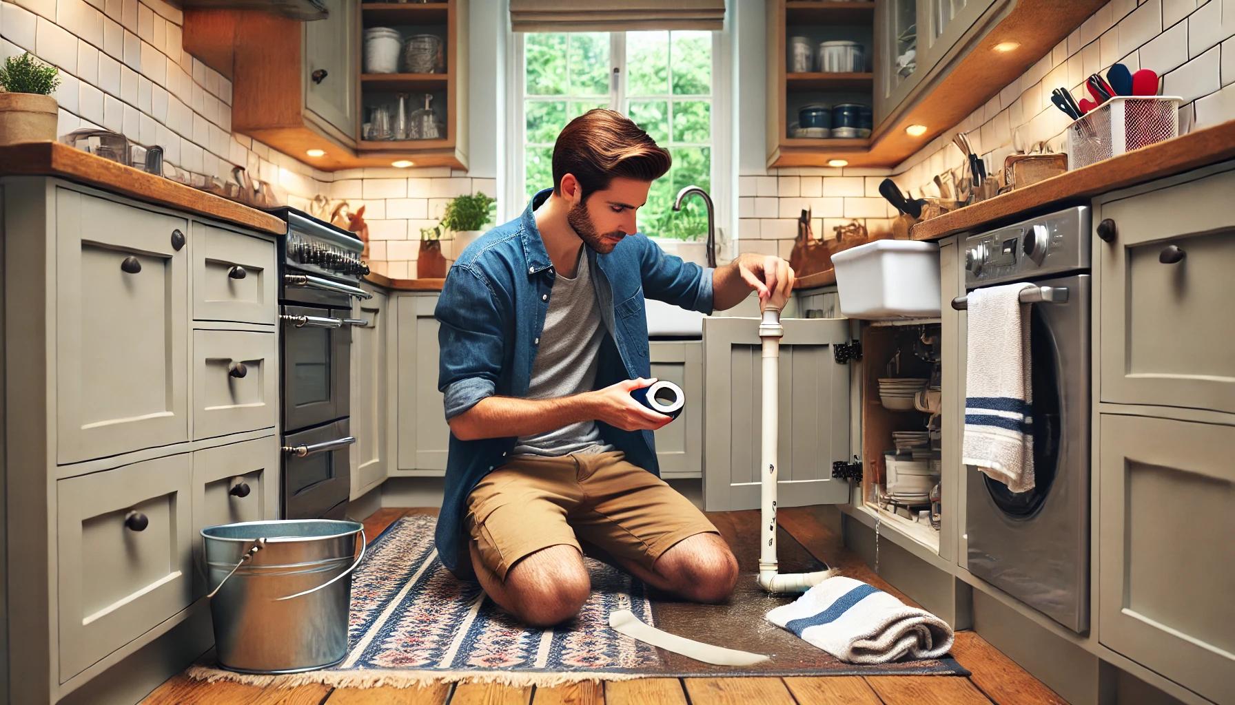 Homeowner in a London kitchen using plumber's tape to fix a leaking pipe, with a bucket catching water and towels on the floor.