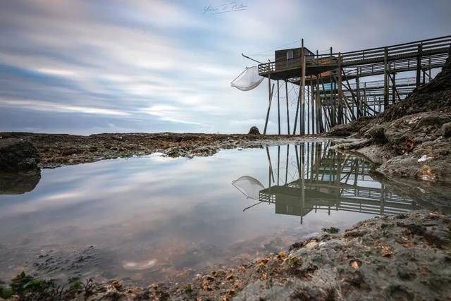 Carrelet et son filet reflétés dans une mare à marée basse
