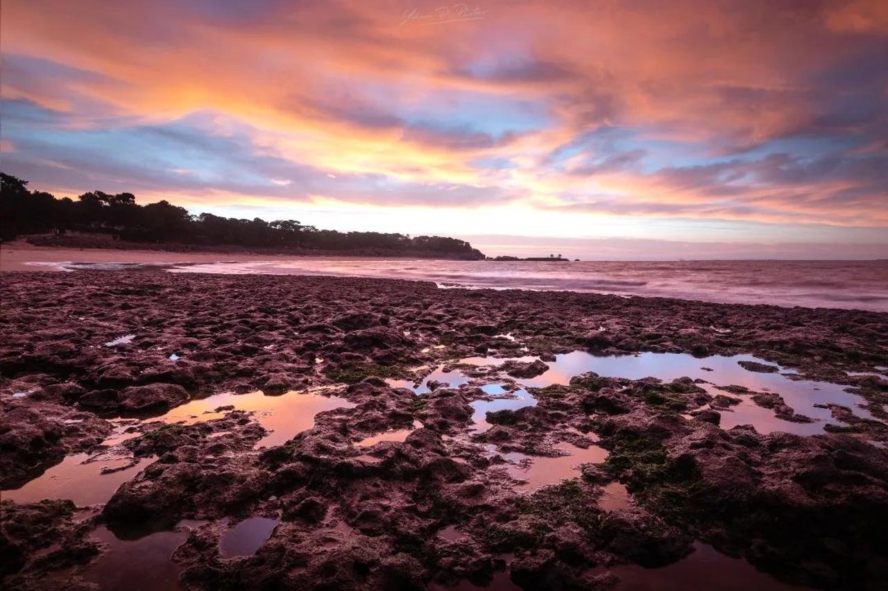 Rochers et mares reflétant un ciel rose et orangé au Platin