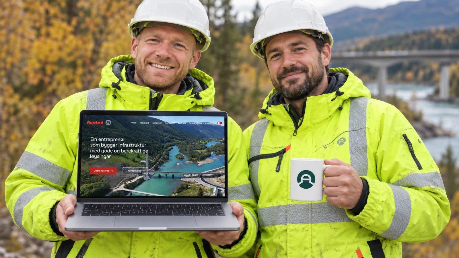 To anleggsarbeidere fra Aurstad viser fram den nye nettsiden på en bærbar PC