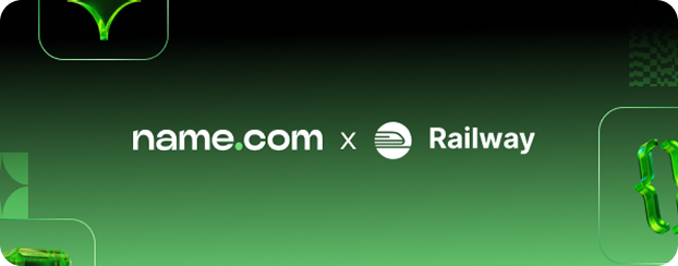 name.com + railway logos on a green background