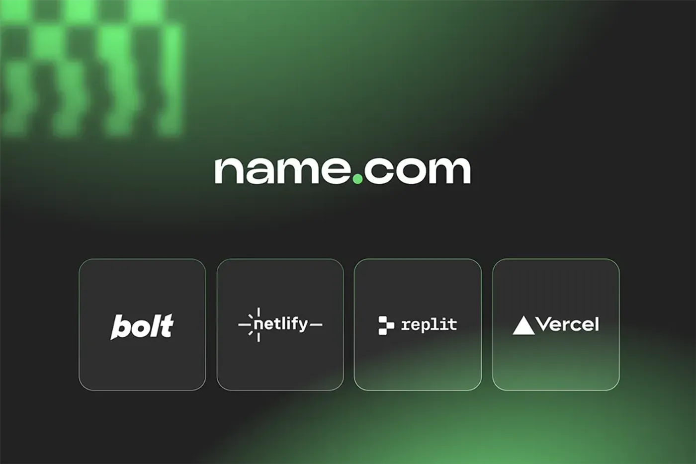 name.com logo and partner logos: Bolt, Netlify, Replit, Vercel