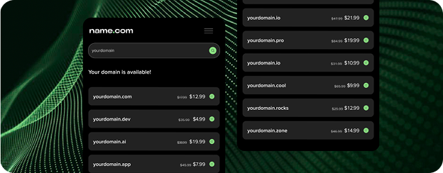 A screenshot of search results for available domain names