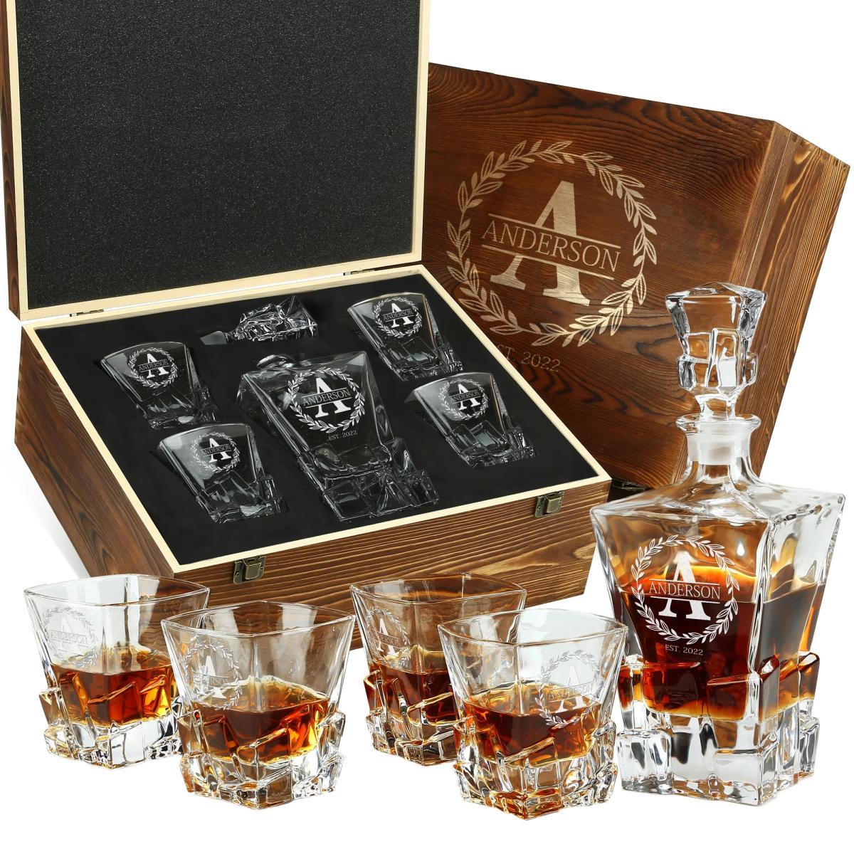 Frolk Stone Cut Whiskey Set — Decanter, 4 Glasses, Wooden Box