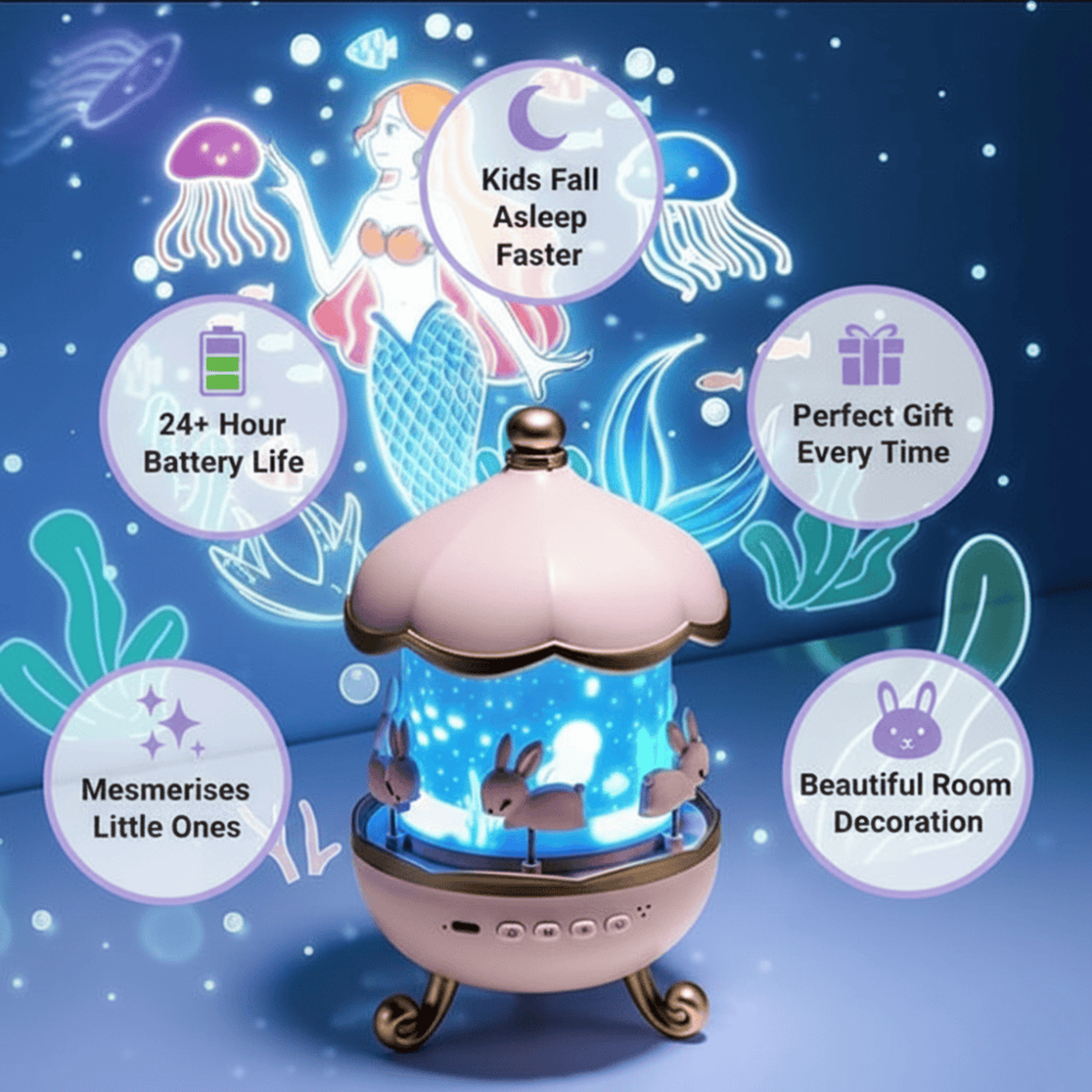 Galaxy Bunny Carousel Star Night Projector Lamp – 360° Rotating Rechargeable Rabbit Nursery Light with Projection Films & USB-C Charging