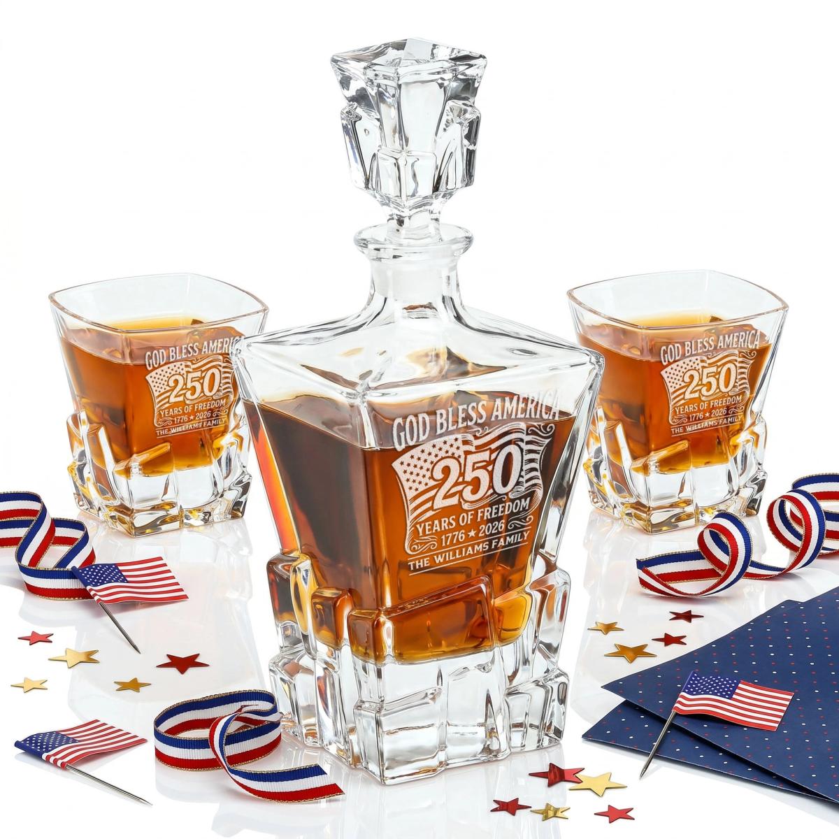 USA 250th Stone Cut Whiskey Decanter with Optional Glasses