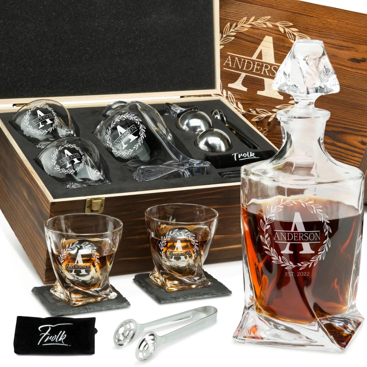 Frolk Twisted Whiskey Set — Decanter, 2 Glasses, Wooden Box