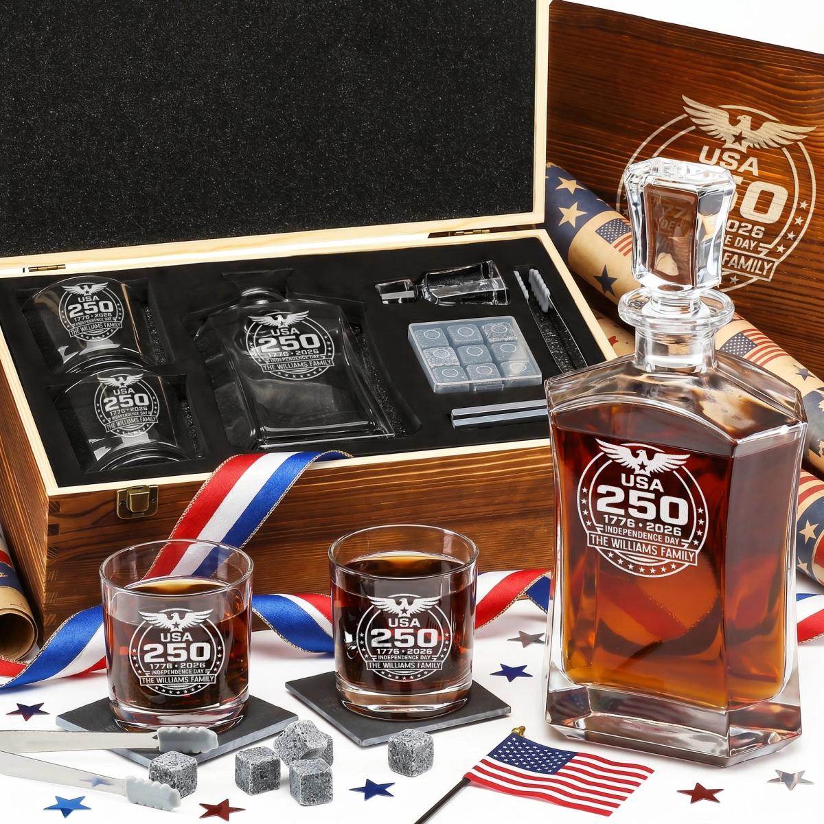 USA 250th Old Fashioned Whiskey Set — Decanter + 2 Glasses