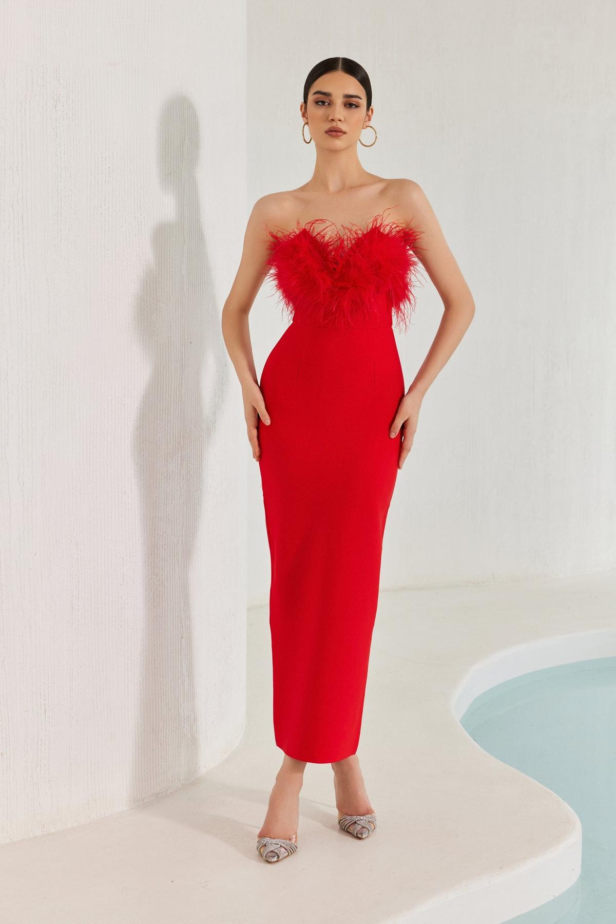 Diaz Feather Tassel Maxi Bandage Dress - Red