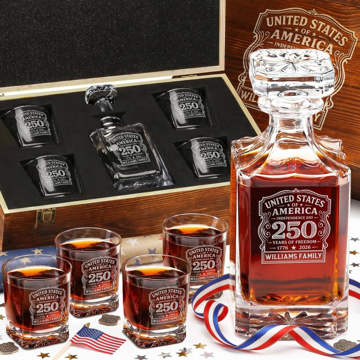 USA 250th Classic Whiskey Set — Decanter + 4 Glasses